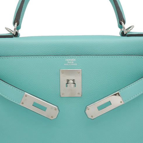 HERMES KELLY 28 VERSO RETOURNE BLUE ATOLL BLEU CANARD EVERCOLOR HAND SHOULDER BAG 2020 Y STAMP PALLADIUM HARDWARE 90351059