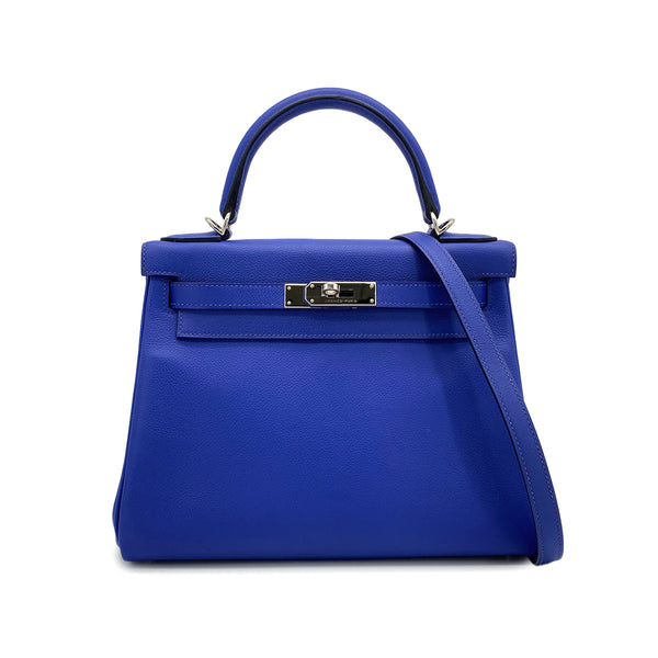 HERMES KELLY 28 VERSO RETOURNE BLUE ELECTRIQUE ROSE WOOD EVERCOLOR HAND SHOULDER BAG 2019 D STAMP PALLADIUM HARDWARE 90326200