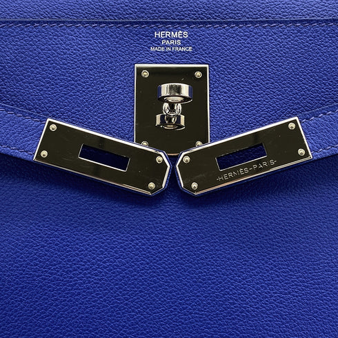HERMES KELLY 28 VERSO RETOURNE BLUE ELECTRIQUE ROSE WOOD EVERCOLOR HAND SHOULDER BAG 2019 D STAMP PALLADIUM HARDWARE 90326200