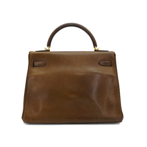 HERMES KELLY 32 VERT OLIVE BARENIA HAND SHOULDER BAG 2001 SQUARE E GOLD HARDWARE 90340170