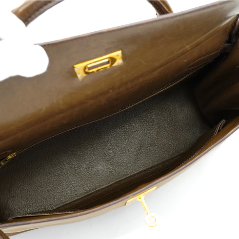 HERMES KELLY 32 VERT OLIVE BARENIA HAND SHOULDER BAG 2001 SQUARE E GOLD HARDWARE 90340170