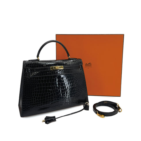 HERMES KELLY 32 BLACK POROSUS CROCODILE HAND BAG 1993 CIRCLE W GOLD HARDWARE 90312513