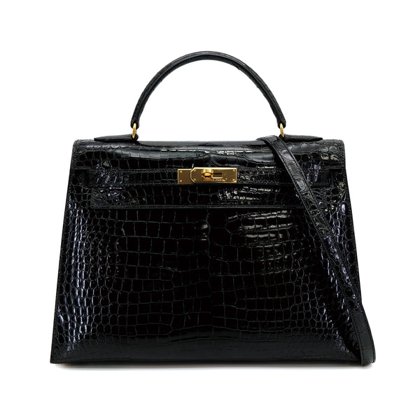 HERMES KELLY 32 BLACK POROSUS CROCODILE HAND BAG 1993 CIRCLE W GOLD HARDWARE 90312513