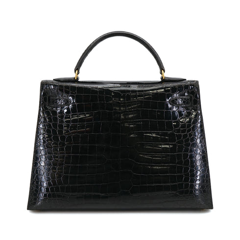 HERMES KELLY 32 BLACK POROSUS CROCODILE HAND BAG 1993 CIRCLE W GOLD HARDWARE 90312513