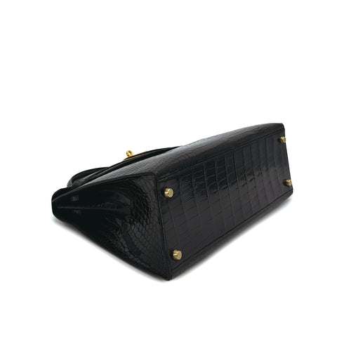 HERMES KELLY 32 BLACK POROSUS CROCODILE HAND BAG 1993 CIRCLE W GOLD HARDWARE 90312513
