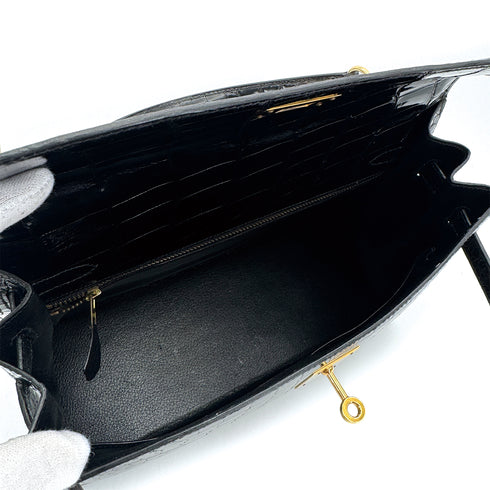 HERMES KELLY 32 BLACK POROSUS CROCODILE HAND BAG 1993 CIRCLE W GOLD HARDWARE 90312513