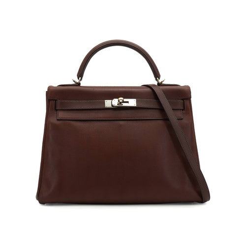 HERMES KELLY 32 HAVANE EVERGRAIN HAND SHOULDER BAG 2005 SQUARE I PALLADIUM HARDWARE 90340131