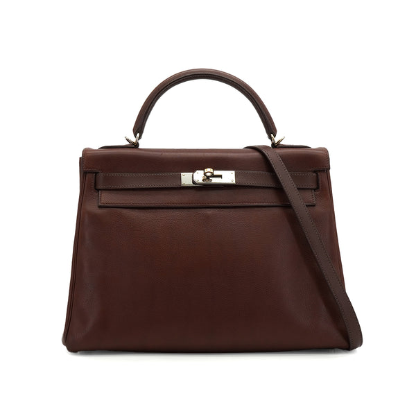 HERMES KELLY 32 HAVANE EVERGRAIN HAND SHOULDER BAG 2005 SQUARE I PALLADIUM HARDWARE 90340131