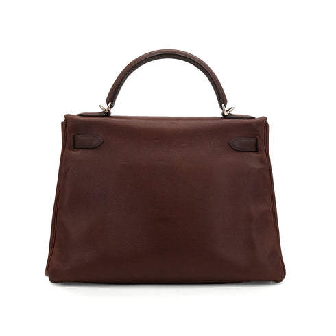 HERMES KELLY 32 HAVANE EVERGRAIN HAND SHOULDER BAG 2005 SQUARE I PALLADIUM HARDWARE 90340131