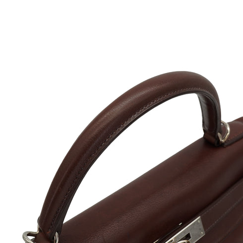 HERMES KELLY 32 HAVANE EVERGRAIN HAND SHOULDER BAG 2005 SQUARE I PALLADIUM HARDWARE 90340131