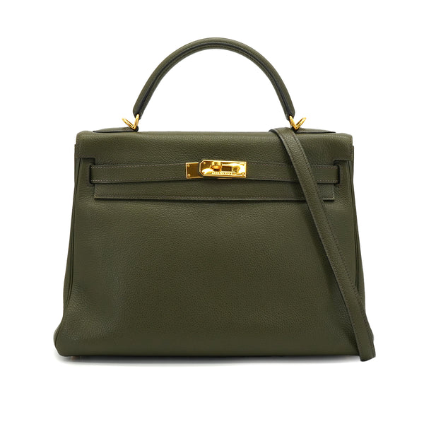 HERMES KELLY 32 VERT OLIVE TOGO ハンドバッグ ショルダーバッグ 2000年製 □D ゴールド金具 90331957