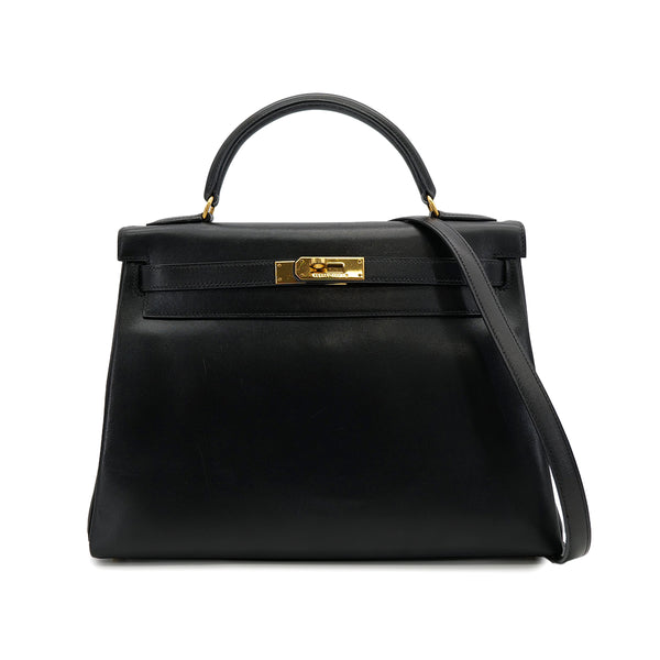 HERMES KELLY 32 RETORNE BLACK BOXCALF HAND SHOULDER BAG 1996 CIRCLE Z GOLD HARDWARE 90318617