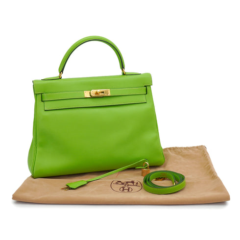 HERMES KELLY 32 RETOURNE APPLE GREEN VEAU GULLIVER HAND SHOULDER BAG 1998 SQUARE B GOLD HARDWARE 90347153