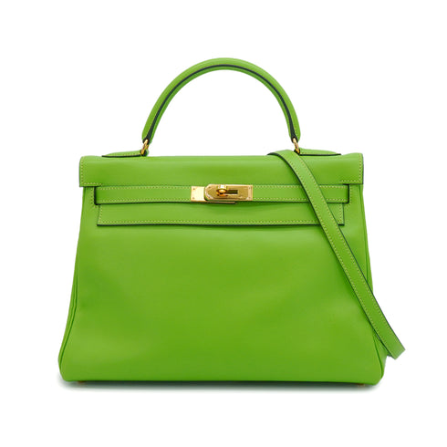 HERMES KELLY 32 RETOURNE APPLE GREEN VEAU GULLIVER HAND SHOULDER BAG 1998 SQUARE B GOLD HARDWARE 90347153