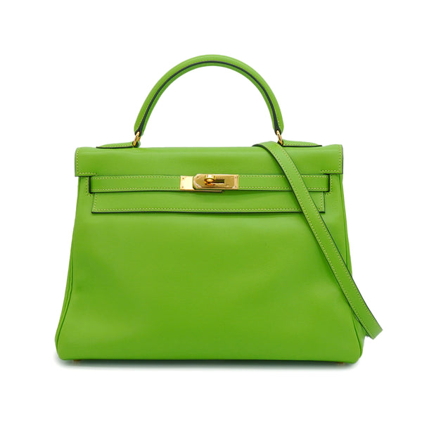 HERMES KELLY 32 RETOURNE APPLE GREEN VEAU GULLIVER HAND SHOULDER BAG 1998 SQUARE B GOLD HARDWARE 90347153