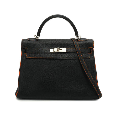 HERMES KELLY 32 RETOURNE BLACK ORANGE TOGO HAND SHOULDER BAG 2012 SQUARE P SPO MATT HARDWARE 90351038