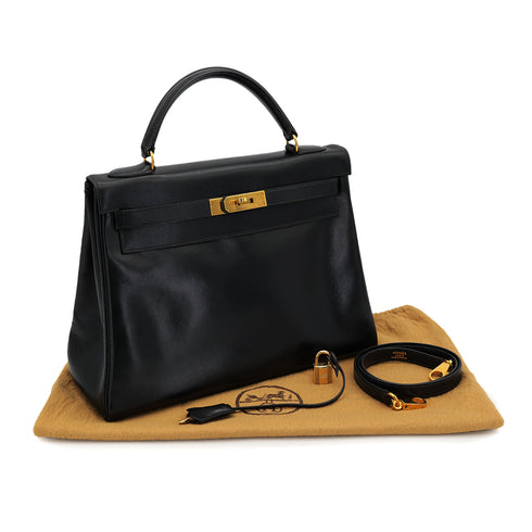 HERMES KELLY 32 RETOURNE BLACK BOXCALF HAND SHOULDER BAG 1993 CIRCLE W GOLD HARDWARE 90324820