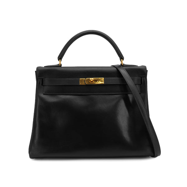 HERMES KELLY 32 RETOURNE BLACK BOXCALF HAND SHOULDER BAG 1993 CIRCLE W GOLD HARDWARE 90324820