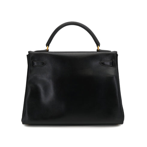 HERMES KELLY 32 RETOURNE BLACK BOXCALF HAND SHOULDER BAG 1993 CIRCLE W GOLD HARDWARE 90324820