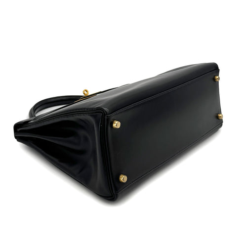 HERMES KELLY 32 RETOURNE BLACK BOXCALF HAND SHOULDER BAG 1993 CIRCLE W GOLD HARDWARE 90324820