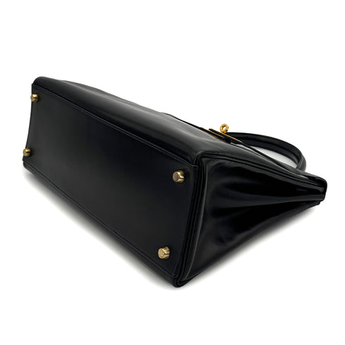 HERMES KELLY 32 RETOURNE BLACK BOXCALF HAND SHOULDER BAG 1993 CIRCLE W GOLD HARDWARE 90324820
