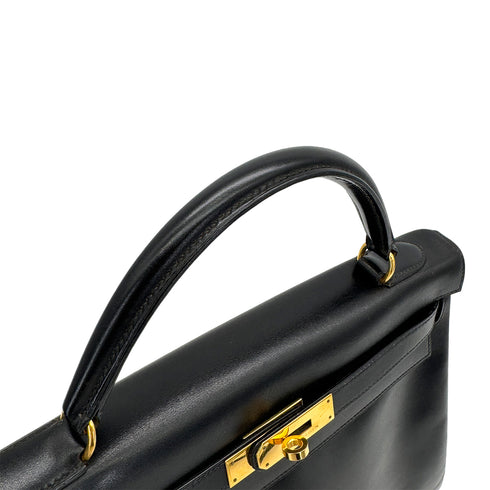 HERMES KELLY 32 RETOURNE BLACK BOXCALF HAND SHOULDER BAG 1993 CIRCLE W GOLD HARDWARE 90324820