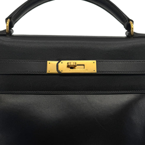 HERMES KELLY 32 RETOURNE BLACK BOXCALF HAND SHOULDER BAG 1993 CIRCLE W GOLD HARDWARE 90324820