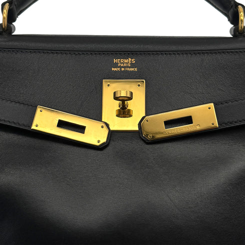 HERMES KELLY 32 RETOURNE BLACK BOXCALF HAND SHOULDER BAG 1993 CIRCLE W GOLD HARDWARE 90324820