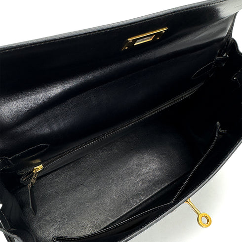 HERMES KELLY 32 RETOURNE BLACK BOXCALF HAND SHOULDER BAG 1993 CIRCLE W GOLD HARDWARE 90324820