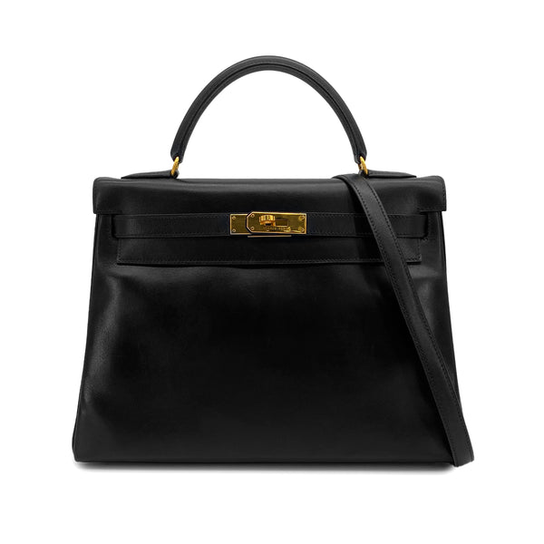HERMES KELLY 32 RETOURNE BLACK BOXCALF HAND SHOULDER BAG 1994 CIRCLE X GOLD HARDWARE 90324739