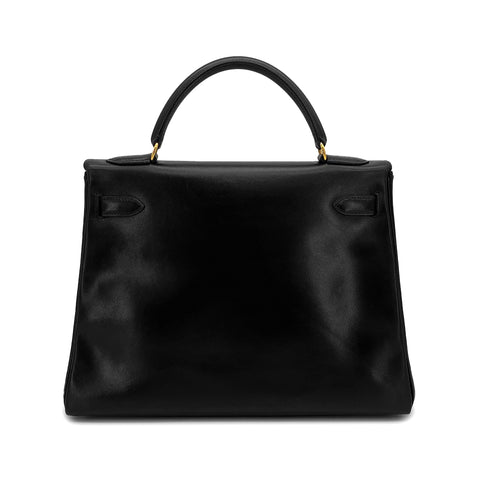HERMES KELLY 32 RETOURNE BLACK BOXCALF HAND SHOULDER BAG 1994 CIRCLE X GOLD HARDWARE 90324739