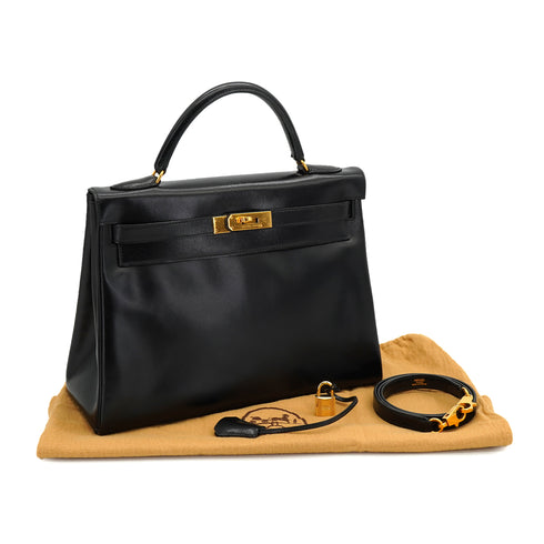 HERMES KELLY 32 RETOURNE BLACK BOX CALF HAND SHOULDER BAG 1966 V GOLD HARDWARE 90334275