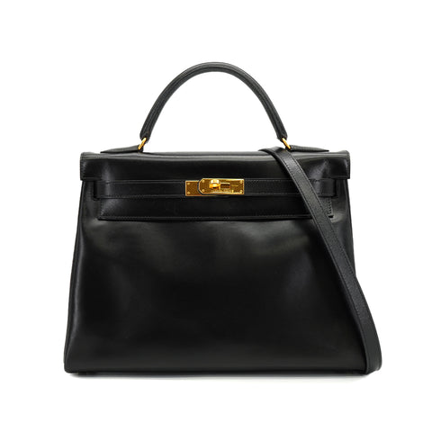 HERMES KELLY 32 RETOURNE BLACK BOX CALF HAND SHOULDER BAG 1966 V GOLD HARDWARE 90334275