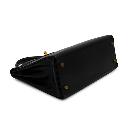 HERMES KELLY 32 RETOURNE BLACK BOX CALF HAND SHOULDER BAG 1991 CIRCLE U GOLD HARDWARE 90331252