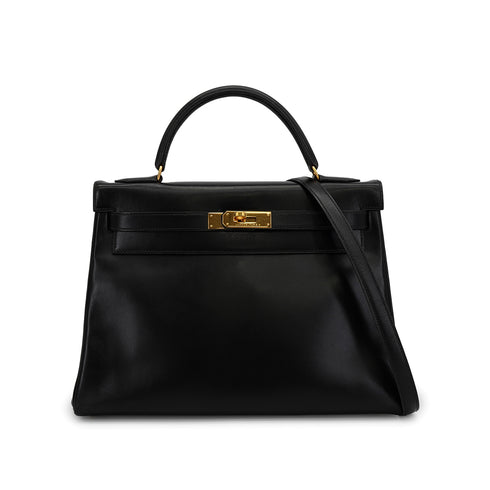 HERMES KELLY 32 RETOURNE BLACK BOX CALF HAND SHOULDER BAG 1991 CIRCLE U GOLD HARDWARE 90331252