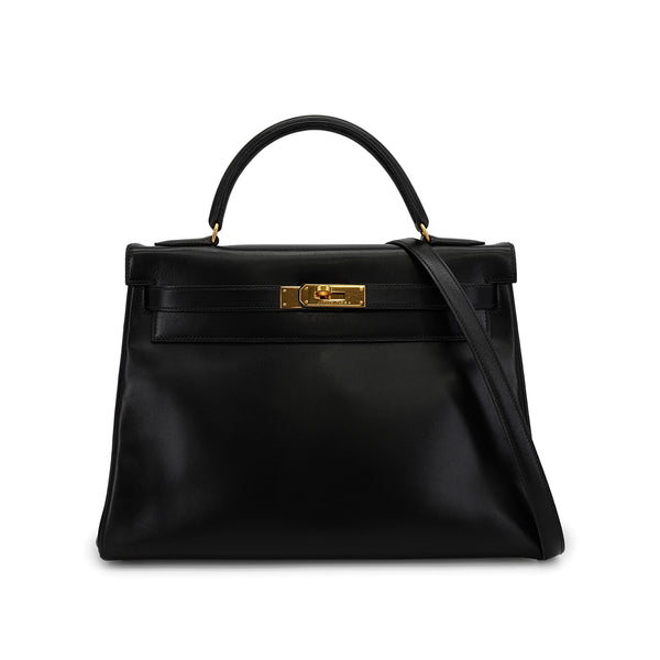 HERMES KELLY 32 RETOURNE BLACK BOX CALF HAND SHOULDER BAG 1991 CIRCLE U GOLD HARDWARE 90331252