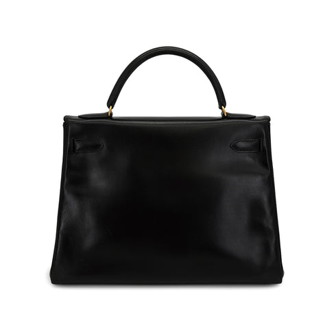 HERMES KELLY 32 RETOURNE BLACK BOX CALF HAND SHOULDER BAG 1991 CIRCLE U GOLD HARDWARE 90331252
