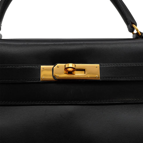 HERMES KELLY 32 RETOURNE BLACK BOX CALF HAND SHOULDER BAG 1991 CIRCLE U GOLD HARDWARE 90331252