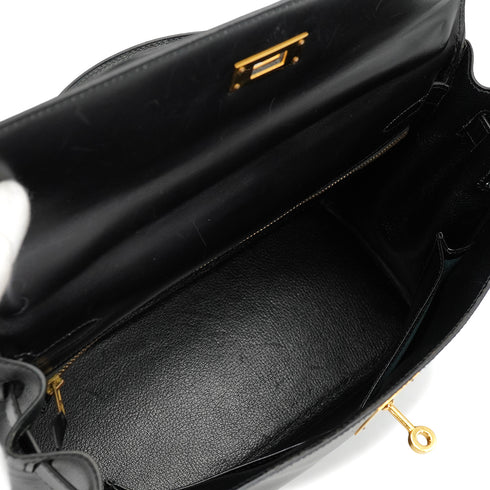 HERMES KELLY 32 RETOURNE BLACK BOX CALF HAND SHOULDER BAG 1991 CIRCLE U GOLD HARDWARE 90331252