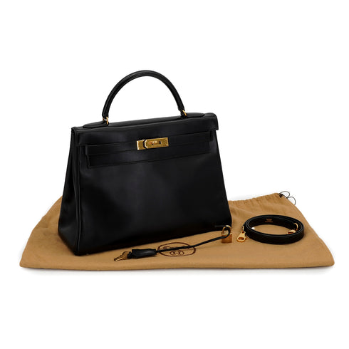 HERMES KELLY 32 RETOURNE BLACK BOX CALF HAND SHOULDER BAG 1991 CIRCLE U GOLD HARDWARE 90331252