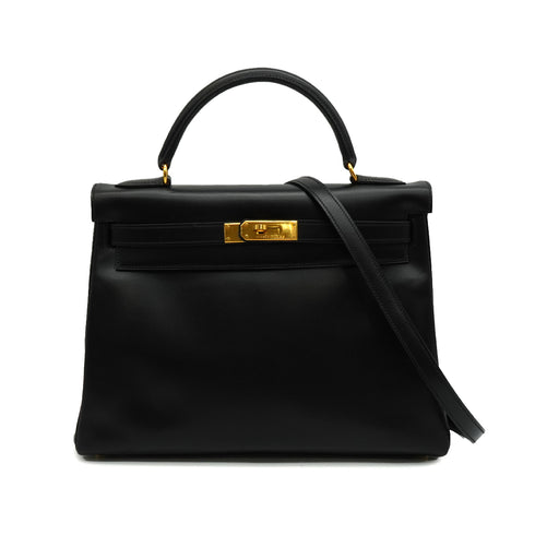 HERMES KELLY 32 RETOURNE BLACK BOX CALF HAND SHOULDER BAG 1998 SQUARE B GOLD HARDWARE 90347151
