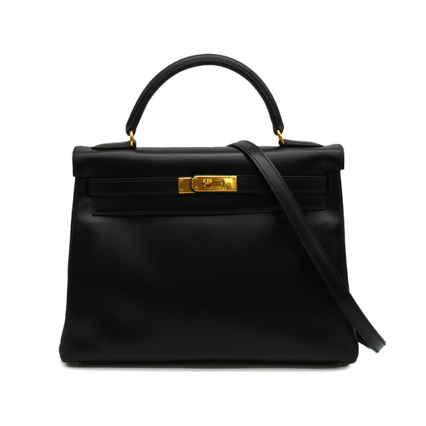 HERMES KELLY 32 RETOURNE BLACK BOX CALF HAND SHOULDER BAG 1998 SQUARE B GOLD HARDWARE 90347151