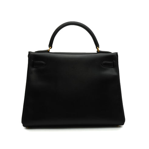 HERMES KELLY 32 RETOURNE BLACK BOX CALF HAND SHOULDER BAG 1998 SQUARE B GOLD HARDWARE 90347151