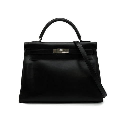 HERMES KELLY 32 RETOURNE BLACK BOX CALF HAND SHOULDER BAG 1998 SQUARE B SILVER HARDWARE 90346650
