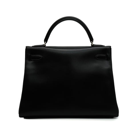 HERMES KELLY 32 RETOURNE BLACK BOX CALF HAND SHOULDER BAG 1998 SQUARE B SILVER HARDWARE 90346650
