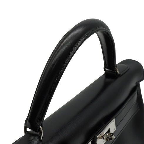 HERMES KELLY 32 RETOURNE BLACK BOX CALF HAND SHOULDER BAG 1998 SQUARE B SILVER HARDWARE 90346650