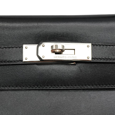HERMES KELLY 32 RETOURNE BLACK BOX CALF HAND SHOULDER BAG 1998 SQUARE B SILVER HARDWARE 90346650