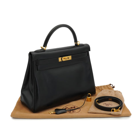 HERMES KELLY 32 RETOURNE BLACK BOX CALF HAND SHOULDER BAG 2001 SQUARE E GOLD HARDWARE 90339637