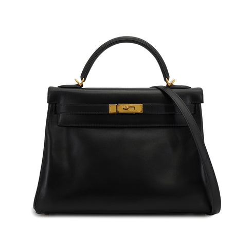 HERMES KELLY 32 RETOURNE BLACK BOX CALF HAND SHOULDER BAG 2001 SQUARE E GOLD HARDWARE 90339637