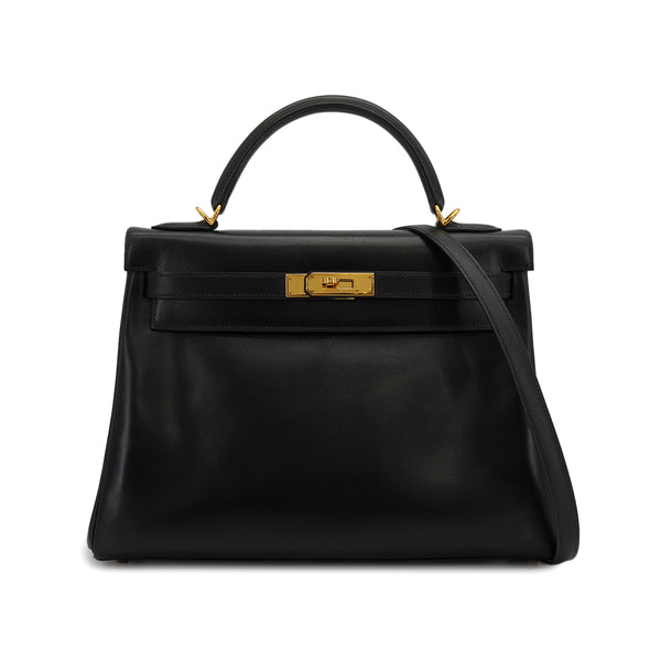 HERMES KELLY 32 RETOURNE BLACK BOX CALF HAND SHOULDER BAG 2001 SQUARE E GOLD HARDWARE 90339637